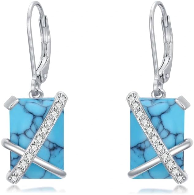 Turquoise Leverback Earrings Sterling Silver Turquoise with CZ Drop Earrings Jewelry Mothers Day Gifts for Women