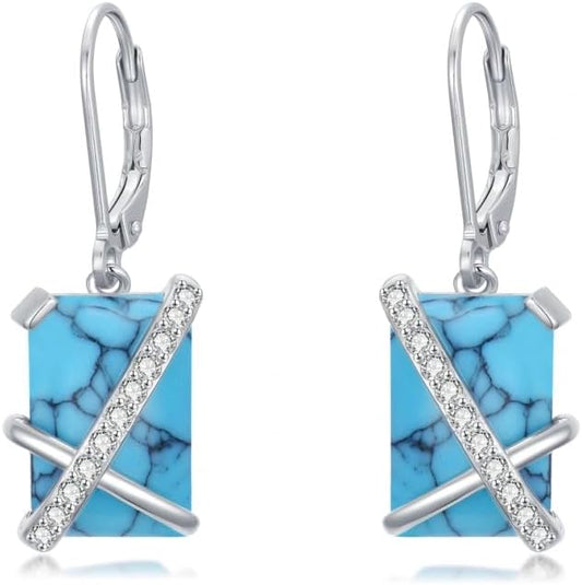 Turquoise Leverback Earrings Sterling Silver Turquoise with CZ Drop Earrings Jewelry Mothers Day Gifts for Women