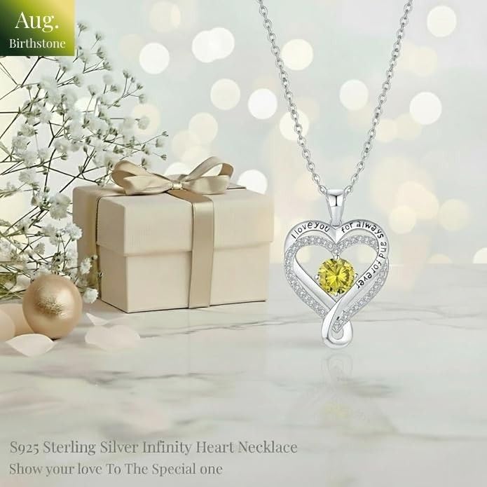 Birthstone Infinity Heart Necklace for Women Wife Girlfriend Mom Daughter Gifts S925 Silver Jewelry For Anniversary Rose Gold Gifts For Birthday Christmas Mothers Valentines Day