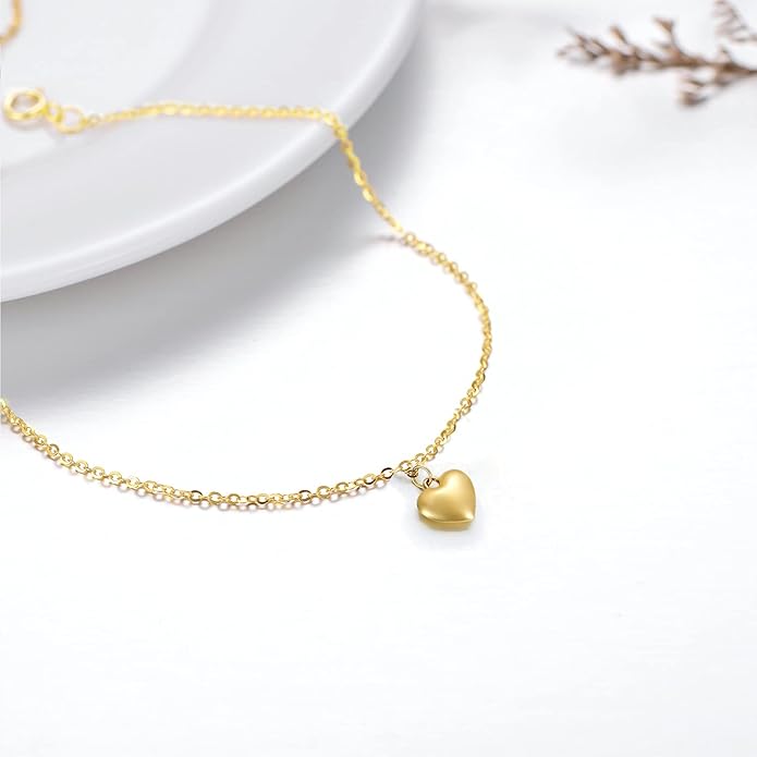 SISGEM Real 14k Gold Puff Heart Anklet for Women, Love Ankle Bracelet Foot Jewelry Gifts for Her, 9+1+1 Inch