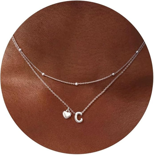 adoyi Gold Necklace for Women Layered Bubble Heart Letter Initial Necklaces for Women Trendy Jewelry 14K Gold Plated Chain Chunky Name Necklace Stack Charm A-Z Pendant Set Jewelry Gifts