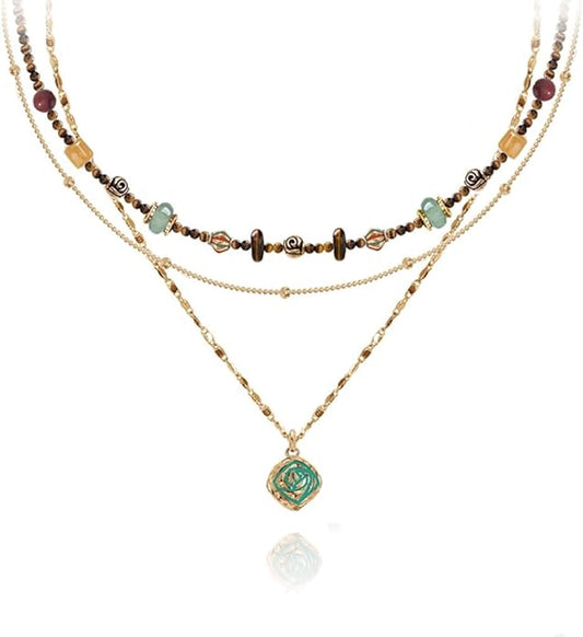 boho layered Original design Retro style multi-layer beaded necklace Fashion women's gold-plated necklace M3396