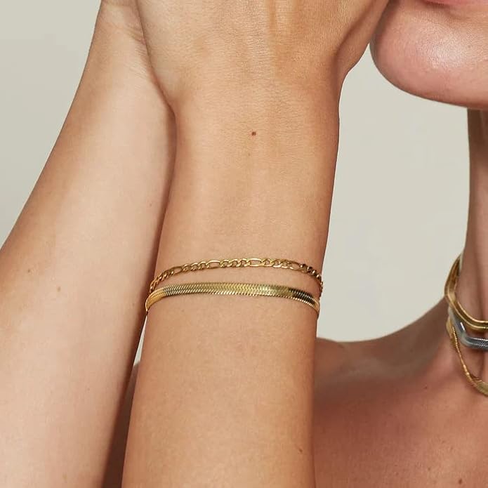 Gold Bracelets for Women Trendy,14K Gold Plated Dainty Stackable Paperclip Cuban Link Chain Bracelets, Simple Cute Cuff Bracelets Jewelry Set Adjustable 7"+2"