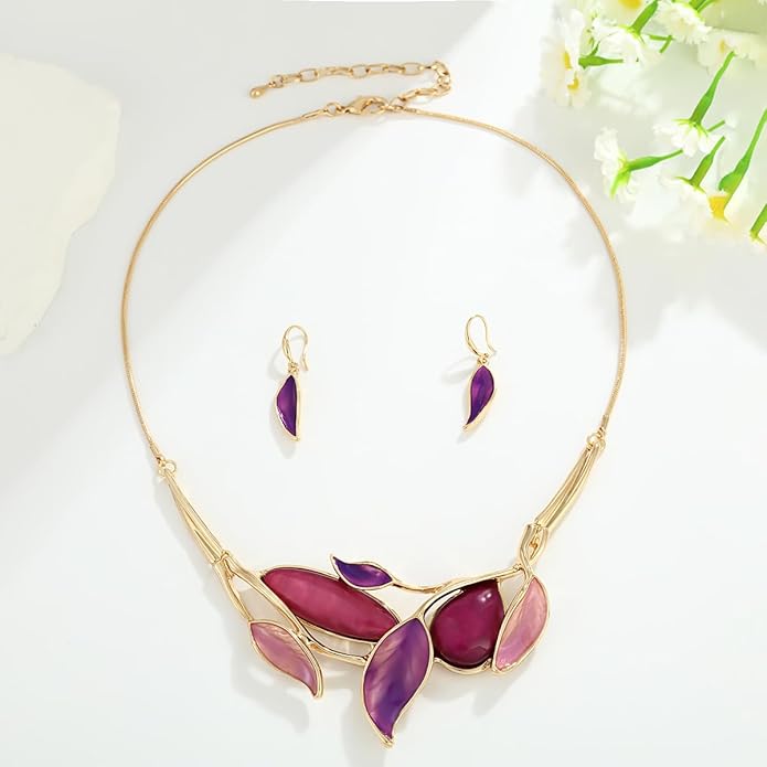 Vintage Chunky Statement Jewelry Set Retro Leaf Floral Geometric Bohemian Boho Bib Necklace Earring Set Fashion Costume Jewelry for Women Girls Wedding Party Prom Unique Gift