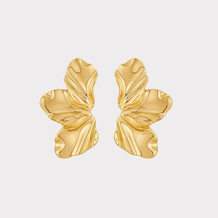 Chunky Gold Statement Earrings For Women Gold Plated Sectored Flower Leaf Shell Angel Wing Earrings Large Stud Earrings Hypoallergenic Earrings