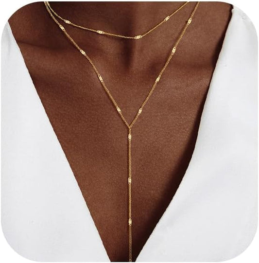 Luxval Lariat Silver Necklace for Women, Dainty Long Necklace Silver Y-Shaped Pendant Necklaces Trendy Beaded Chain Drop Necklaces Jewelry for Women Gifts