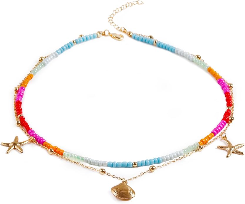 Da Piao Liang Handmade Multilayered Colorful Seed Beads Choker Necklace – Boho Starfish Creative Beach Jewelry for Women – Summer Necklace