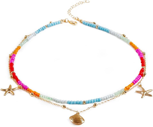 Da Piao Liang Handmade Multilayered Colorful Seed Beads Choker Necklace – Boho Starfish Creative Beach Jewelry for Women – Summer Necklace