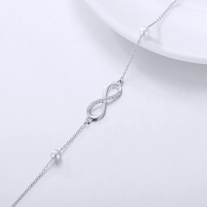 14k Gold Natural Diamond Infinity Anklets for Women, Real Gold Pearl Jewelry Ankle Bracelet Gifts for Her, 9.4-11 Inch