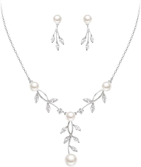 EleQueen Women's Simulated Pearl Wedding Jewelry Set, Cubic Zirconia Marquise Floral Bridal Necklace Earrings Bracelet Sets