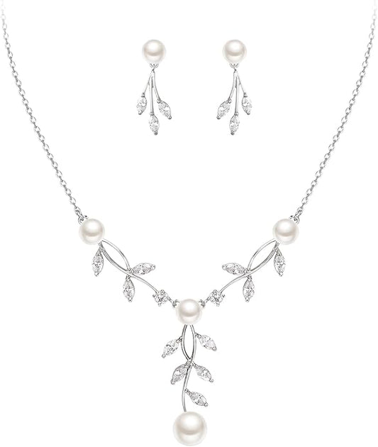 EleQueen Women's Simulated Pearl Wedding Jewelry Set, Cubic Zirconia Marquise Floral Bridal Necklace Earrings Bracelet Sets
