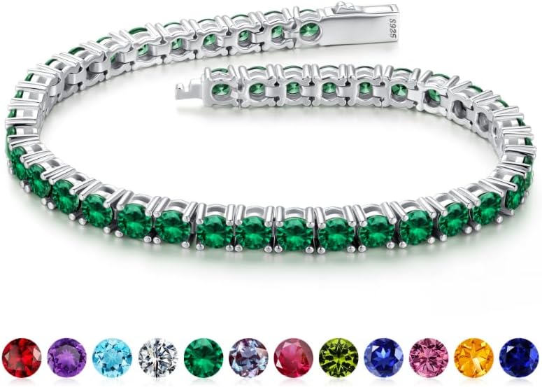Iefil Christmas Gifts for Women - Size 6.5" - 7" Sterling Silver Tennis Birthstone Bracelet, Anniversary Birthday Gifts for Women