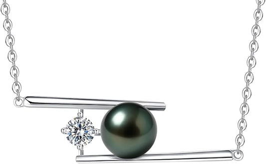 Genuine Tahitian Black Pearl Necklace for Women, 9-11mm AAAA Seawater Pearl with Sterling Silver Moissanite Pendant, Jewelry Gift for Wife, Mom, Girlfriend, Wedding Anniversary, Birthday, Christmas