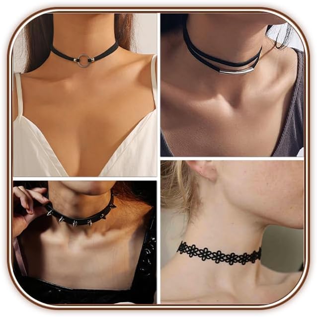 4 Pcs Choker Necklace For Women Black Adjustable Layered Velvet Leather Lace Collar Necklace Goth Jewelry Gifts