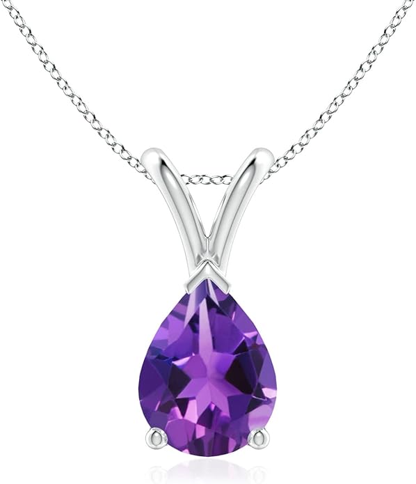 Angara Natural Amethyst Solitaire Pendant for Women | V-Bale Pear-Shaped Amethyst Solitaire Pendant in 14K Solid Gold/Silver/Platinum | February Birthday, Anniversary, Gemstone Jewellery Gift