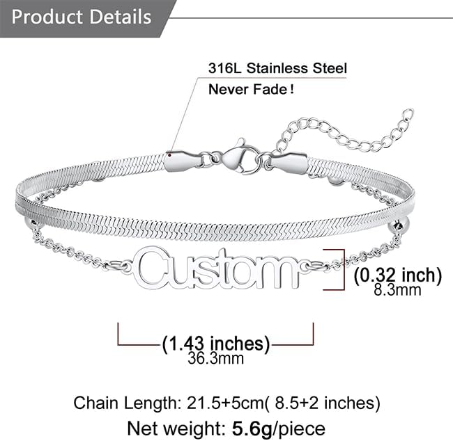 U7 Custom Layered Ankle Bracelets for Women Stainless Steel Bead/Cuban/Figaro/Rope/Wheat Chain Anklet Waterproof Anklet Jewelry for Beach Vacation