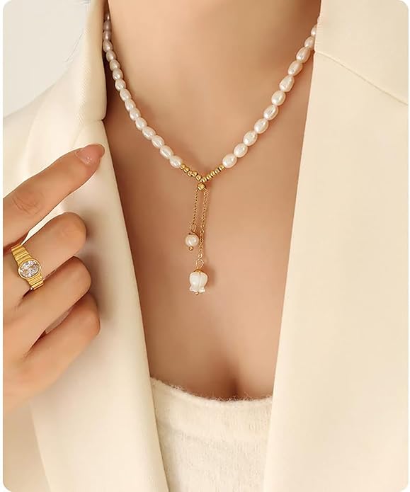 14K Gold Jade Orchid Necklace, Freshwater Pearl Beaded Clavicle Necklace, Mother's Day, Birthday Gift for Mother, Wife, Girlfriend