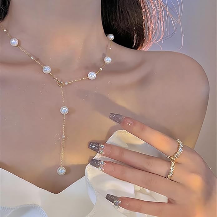 Boho Pearl Y Shape Necklaces for Women, Dainty 14k Gold Plated Pearl Beaded Chain Choker Necklace Trendy Jewelry Accessories Gift