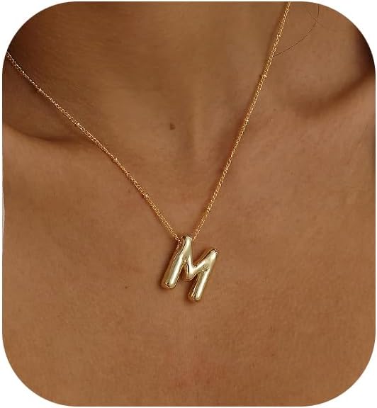 Initial Necklaces for Women, 14k Gold Plated Bubble Letter Necklace Chunky Gold Necklace Dainty Charm Initial Necklaces for Women Trendy Custom Preppy Stocking Stuff Necklace Christmas Gifts