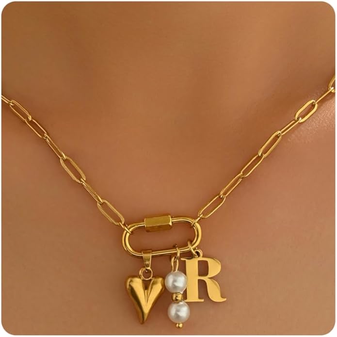 Gold Heart Initial Necklaces for Women 18K Gold Plated Dainty Pearl Letter Necklace Personalized Monogram Name A-Z Pendant Everyday Jewelry for Women