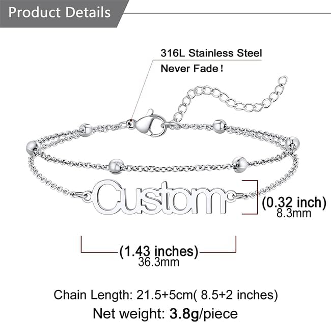 U7 Custom Layered Ankle Bracelets for Women Stainless Steel Bead/Cuban/Figaro/Rope/Wheat Chain Anklet Waterproof Anklet Jewelry for Beach Vacation