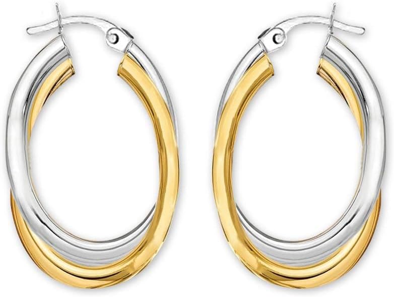 LeCalla 925 Sterling Silver Chunky Hoop Earrings | 14K Two-Tone Three-Tone Hoop Earrings | Intertwining Oval Shape Polished Twisted Hoop Earrings for Women