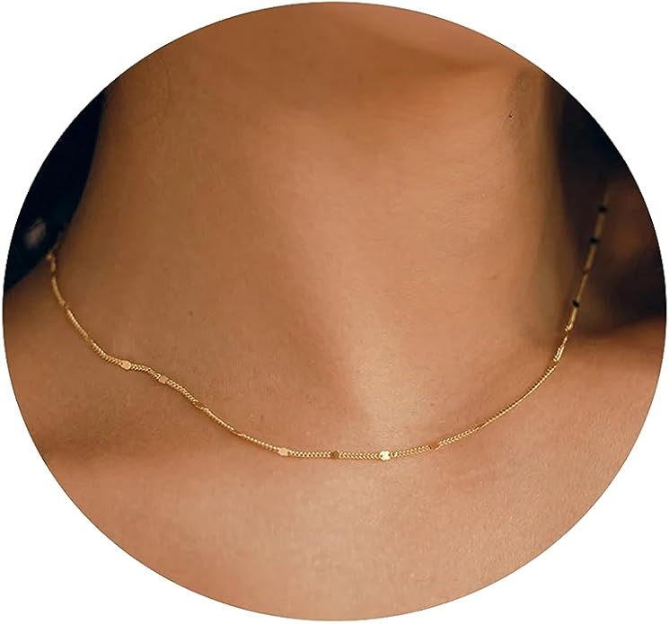 Dainty Chain Necklace for Women, 18K Gold Plated Coin Disc Choker Necklaces Simple Satellite Beaded Twisted Thin Paper Clip Chain Everyday Jewelry Gifts
