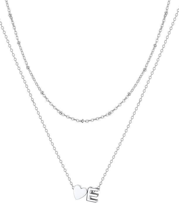 FOCALOOK Layered Initial Necklace for Women, 14K Gold Plated Choker Necklaces Stacks with Initial A-Z, Dainty Silver Heart Pendant Necklace Personalized Birthday Women Jewelry