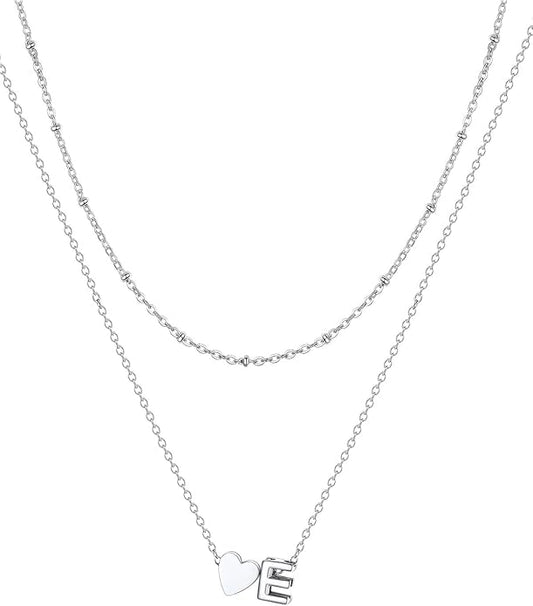 FOCALOOK Layered Initial Necklace for Women, 14K Gold Plated Choker Necklaces Stacks with Initial A-Z, Dainty Silver Heart Pendant Necklace Personalized Birthday Women Jewelry