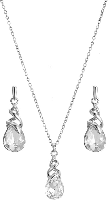 RUOFFETA Teardrop Crystal Jewelry Set, Birthstone Pendant Necklace Drop Dangle Earrings for Women