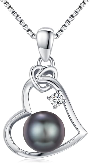 Tahitian Black Pearl 18K White Gold Plated Sterling Silver Heart/Infinity/Four Leaf Clover Pendant Necklace Jewelry Gifts for Women Wife Mom Girlfriend Wedding Birthday Anniversary Christmas