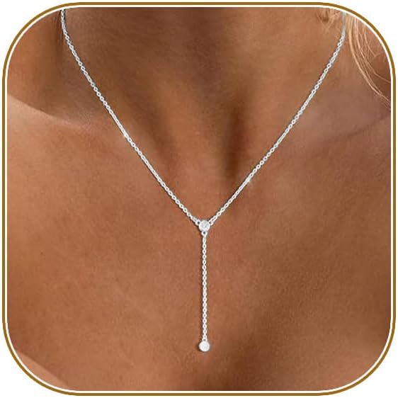 Lariat Gold Necklace for Women, Dainty Long Necklace 14k Gold Plated/Silver Y-Shaped Layered Beaded Chain Drop Necklaces for Women Trendy Simple Gold Jewelry for Women Gifts