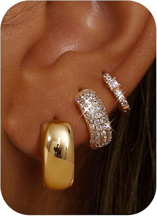 LOLIAS Small 14K Gold Plated Chunky Hoop Earrings for Women Hypoallergenic Silver Earrings Set for Sensitive Ears Non Tarnish Huggie Hoops Earring Stacks for Multiple Piercing Jewelry Lightweight 3Pairs