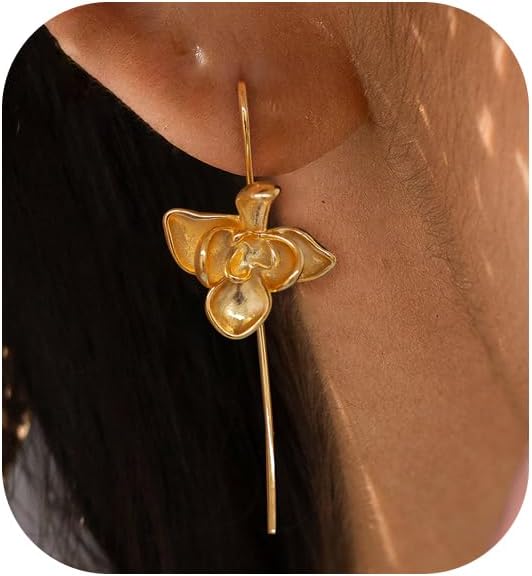 Statement Earrings for Women, Hypoallergenic 14k Gold Plated Chunky Flower Earrings Long Dangle Drop Floral Earring Simple Gold Earrings for Women Trendy Jewelry Gifts