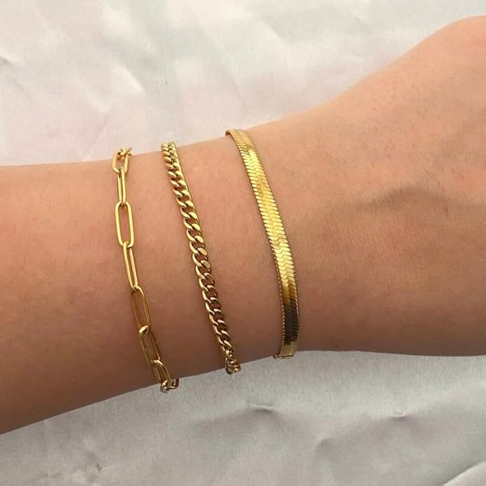 Gold Bracelets for Women Trendy,14K Gold Plated Dainty Stackable Paperclip Cuban Link Chain Bracelets, Simple Cute Cuff Bracelets Jewelry Set Adjustable 7"+2"