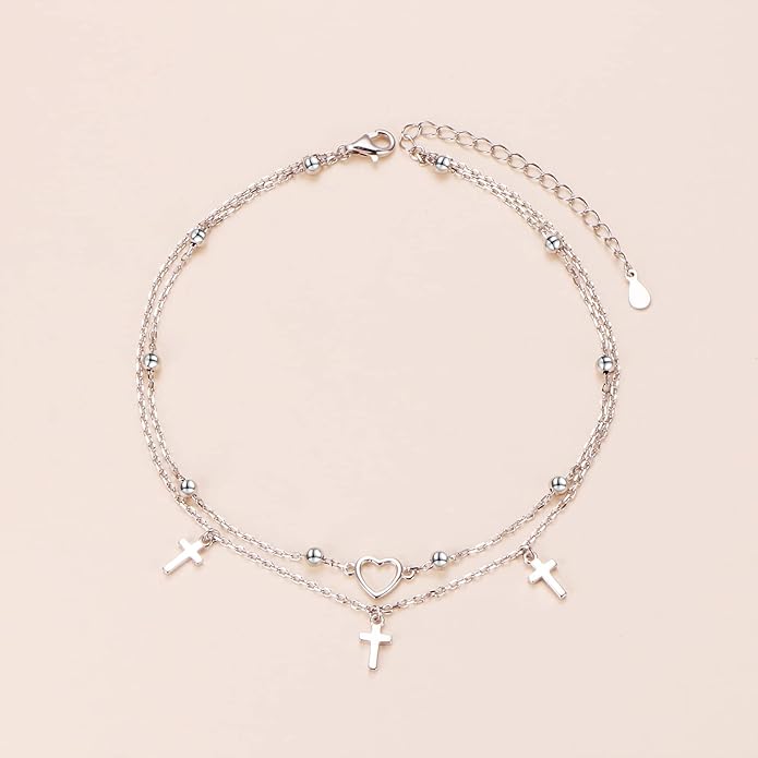 Anklet for Women S925 Sterling Silver Adjustable Foot Evil Eye Starfish Heart Bead Butterfly Celtic Knot Cross Multilayer Layered Ankle Bracelet Jewelry