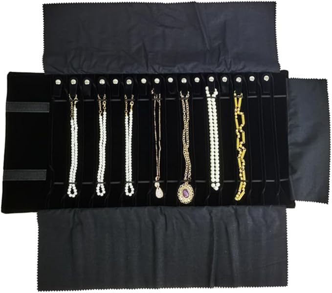 SCIKHEFT Portable Jewelry Roll Untangled Secure Necklace Travel Storage Bag Displays Holder 16 Chain (Gray PU and Black Velvet)