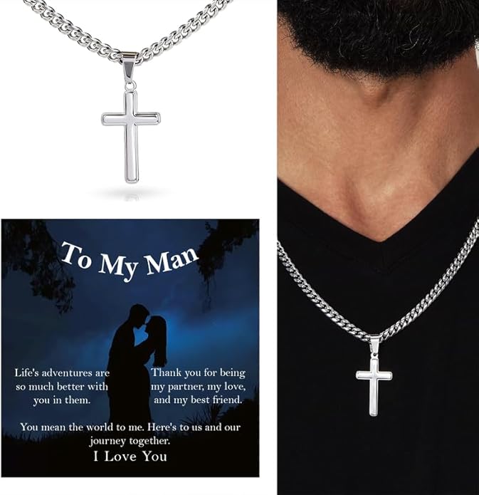 SUTERY Cross Cuban Chain Necklace - Promise Necklace for Him, Necklace for Boyfriend, Mens Necklace for Fiance, Valentine's Day