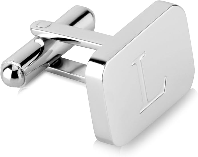 18K White-Gold Plated Initial Engraved Stainless Steel Men’s Cufflinks With Gift Box -Personalized Alphabet Letter’s A-Z By Lux & Pair