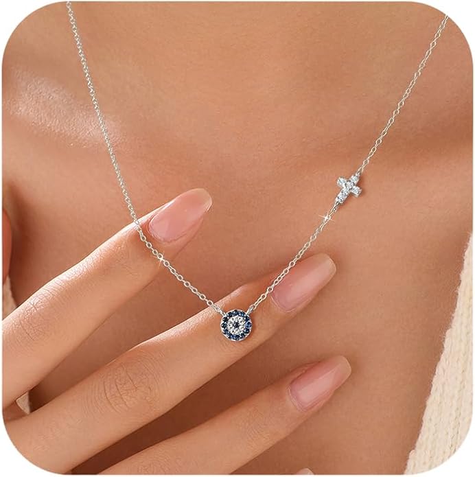 SUYACS Gold Evil Eye Necklaces for Women 925 Sterling Silver Small Cross Pendant Necklace Blue Cubic Zirconia Eye Charm Chain Christian Baptism Religious Faith Jewelry Christmas Gifts for Mom