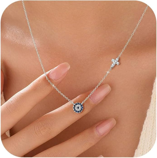 SUYACS Gold Evil Eye Necklaces for Women 925 Sterling Silver Small Cross Pendant Necklace Blue Cubic Zirconia Eye Charm Chain Christian Baptism Religious Faith Jewelry Christmas Gifts for Mom