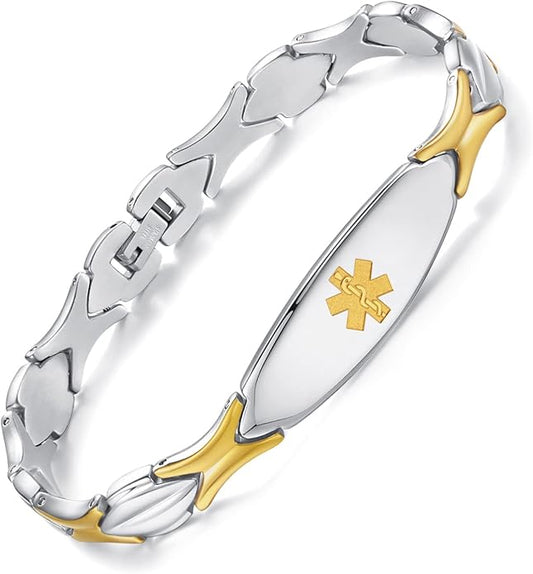 LinnaLove Fashion Shiny medical alert bracelet with Free Engraving Stainless steel Medical id bracelet for Women