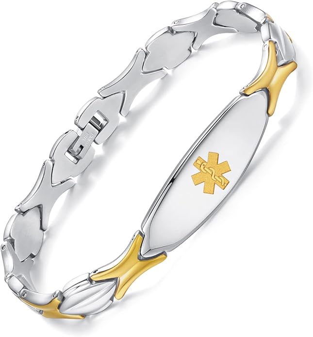LinnaLove Fashion Shiny medical alert bracelet with Free Engraving Stainless steel Medical id bracelet for Women