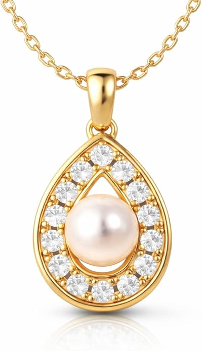 StiloVero Pearl Pendant Necklace for Women, Freshwater Cultured Single Pearl Necklace with Moissanite Accents, Dainty Gold Necklace for Women, 18K Gold Plated Sterling Silver, Pearl Jewelry Gift for Her Anniversary Birthday