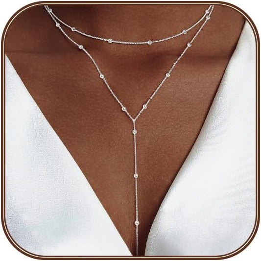 Lariat Silver/Gold Necklace for Women 925 Silver/14K Gold Plated Dainty Long Necklace Y-Shaped Drop Pendant Necklaces Choker Trendy Chain Simple Layered Necklaces CZ Jewelry for Women Set Gift