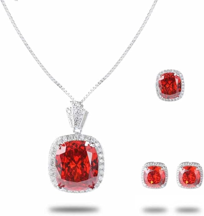 HHOOE Jewelry for Women Sets Gold-Plated Sterling Silver CZ or Faux Gemstone Cushion-cut Necklace & Ring & Stud Earring set for Bridesmaids, Comes With a Gift Box.
