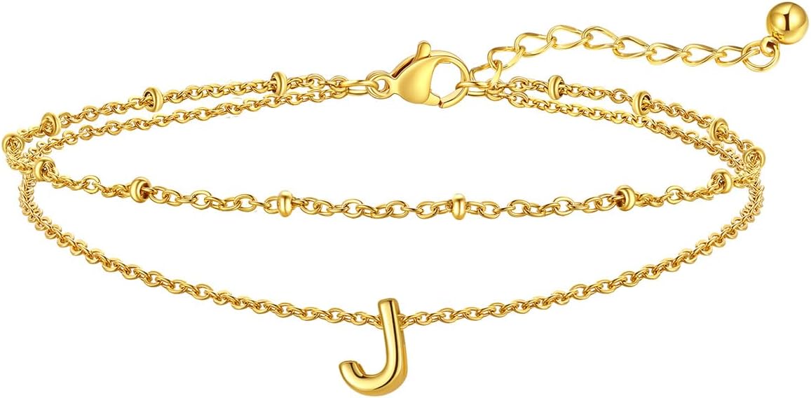 FaithHeart Initial Ankle Bracelets for Women, Waterproof 14k Gold Plated Initial Anklets Non Tarnish Stainless Steel Layered Anklet Summer Beach Foot Jewelry