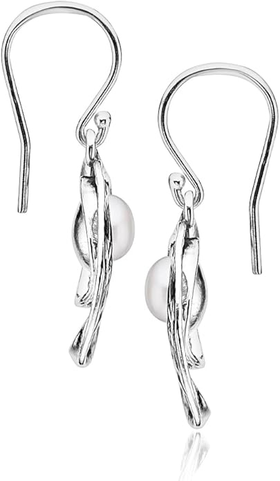Jean Rachel Jewelry 925 Sterling Silver Dangle Earrings for Women with Freshwater Pearl - Free Form Vintage Design - Hypoallergenic, Lead & Nickel Free - Artisan Handcrafted Statement Earrings