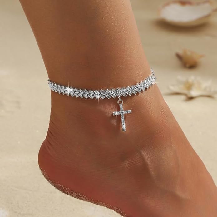 Ankle Bracelets for Women Waterproof Sparkly Anklets Tennis Rhinestone Anklets for Women Starfish Infinity Heart Cross Anklet Bracelet Beach Jewelry