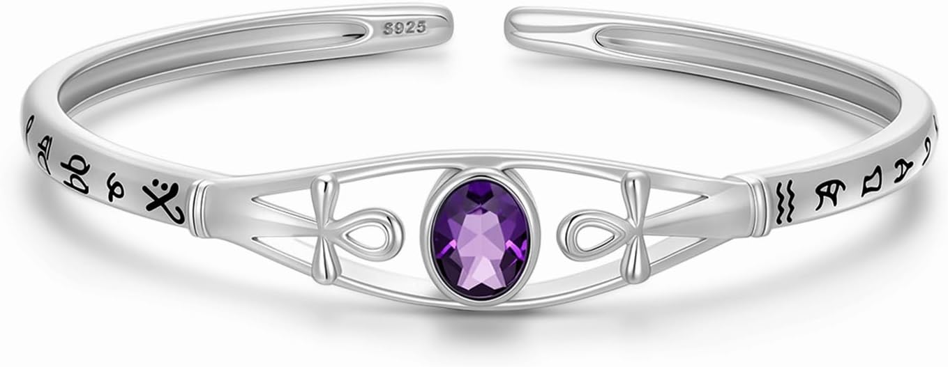 Amethyst Ankh Cross Cuff Bracelet Sterling Silver Egyptian Protection Bangle, February Birthstone Gift for Her Purple Crystal Healing Jewelry